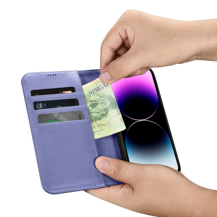 Флип кейс 2в1 от естествена кожа iCarer Wallet Case за iPhone 14 Pro, Anti-RFID, светлолилав, (WMI14220726-LP)