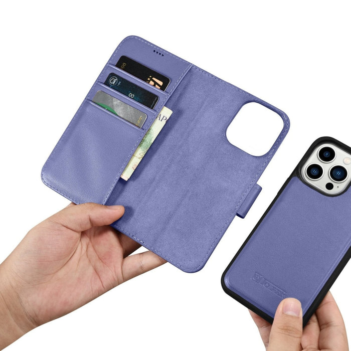 Флип кейс 2в1 от естествена кожа iCarer Wallet Case за iPhone 14 Pro, Anti-RFID, светлолилав, (WMI14220726-LP)