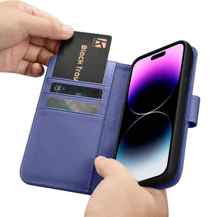 Флип кейс 2в1 от естествена кожа iCarer Wallet Case за iPhone 14 Pro, Anti-RFID, светлолилав, (WMI14220726-LP)