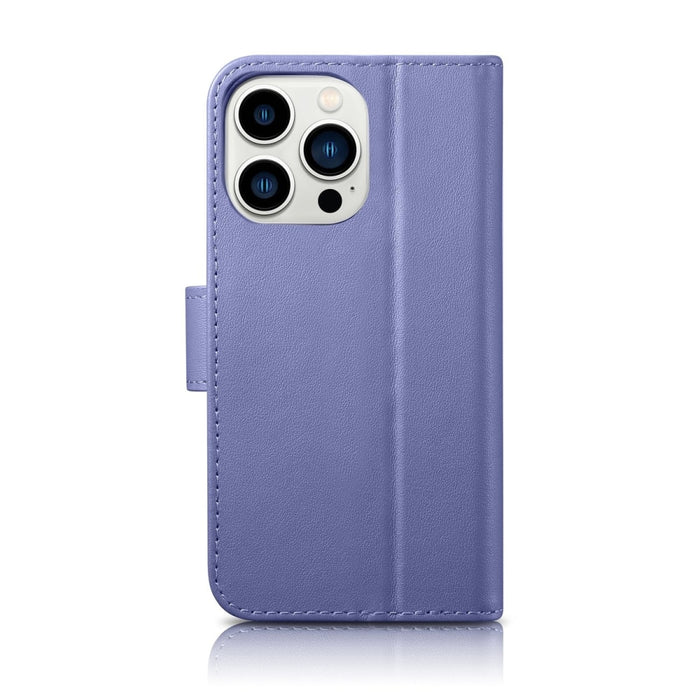 Флип кейс 2в1 от естествена кожа iCarer Wallet Case за iPhone 14 Pro, Anti-RFID, светлолилав, (WMI14220726-LP)