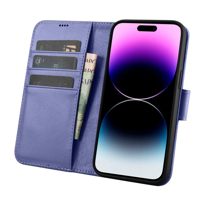 Флип кейс 2в1 от естествена кожа iCarer Wallet Case за iPhone 14 Pro, Anti-RFID, светлолилав, (WMI14220726-LP)