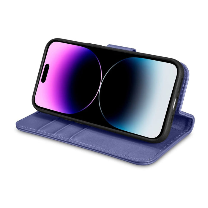 Флип кейс 2в1 от естествена кожа iCarer Wallet Case за iPhone 14 Pro, Anti-RFID, светлолилав, (WMI14220726-LP)