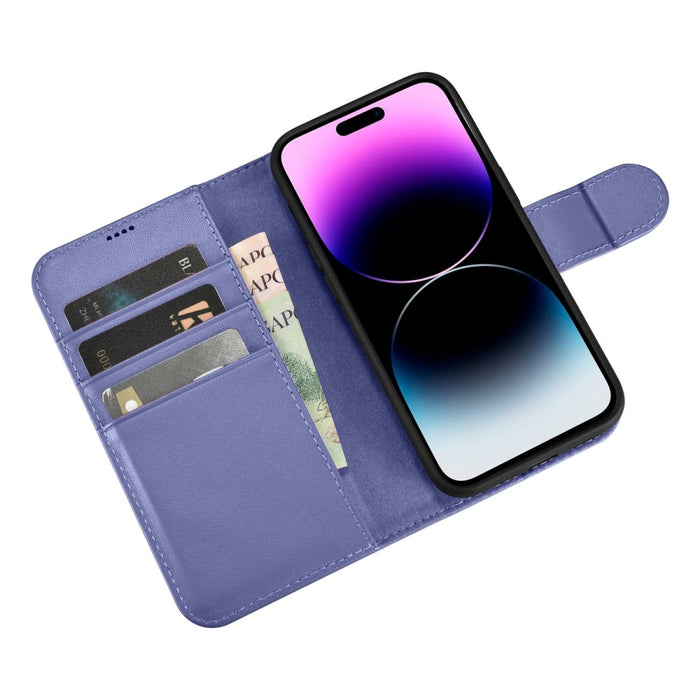 Флип кейс 2в1 от естествена кожа iCarer Wallet Case за iPhone 14 Pro, Anti-RFID, светлолилав, (WMI14220726-LP)