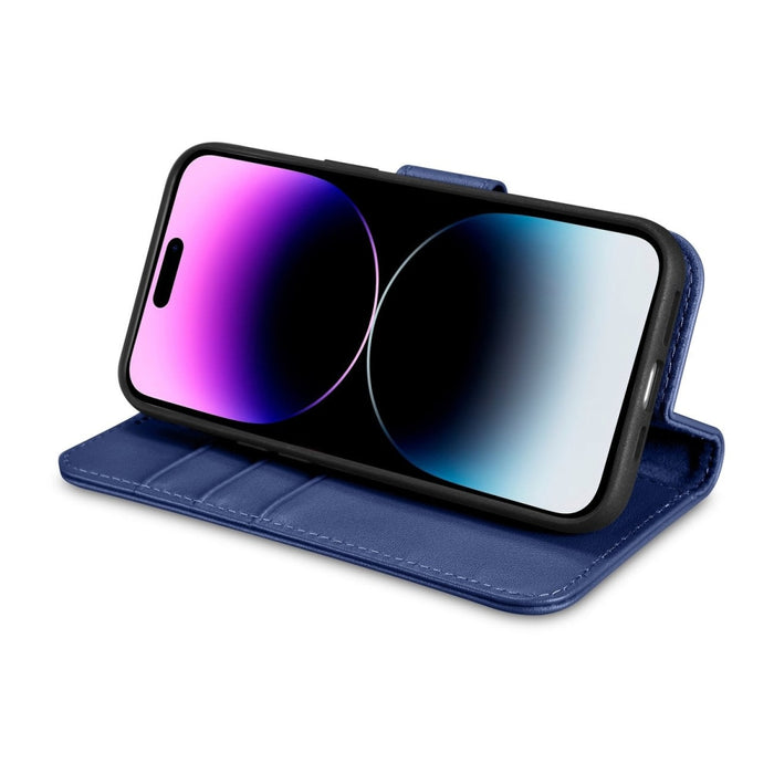 Флип кейс 2в1 от естествена кожа iCarer Wallet Case за iPhone 14 Pro, Anti-RFID, син, (WMI14220726-BU)