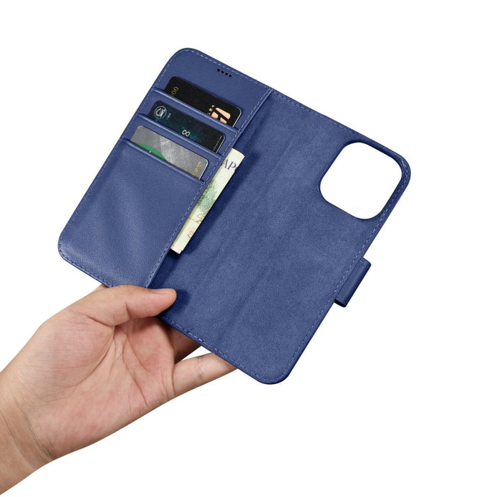 Флип кейс 2в1 от естествена кожа iCarer Wallet Case за iPhone 14 Pro, Anti-RFID, син, (WMI14220726-BU)