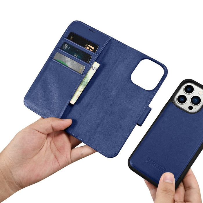 Флип кейс 2в1 от естествена кожа iCarer Wallet Case за iPhone 14 Pro, Anti-RFID, син, (WMI14220726-BU)