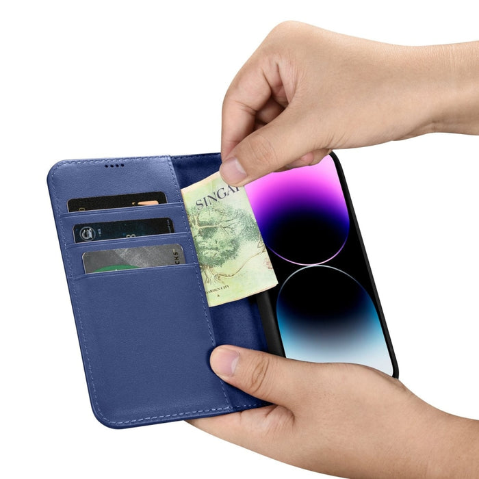 Флип кейс 2в1 от естествена кожа iCarer Wallet Case за iPhone 14 Pro, Anti-RFID, син, (WMI14220726-BU)