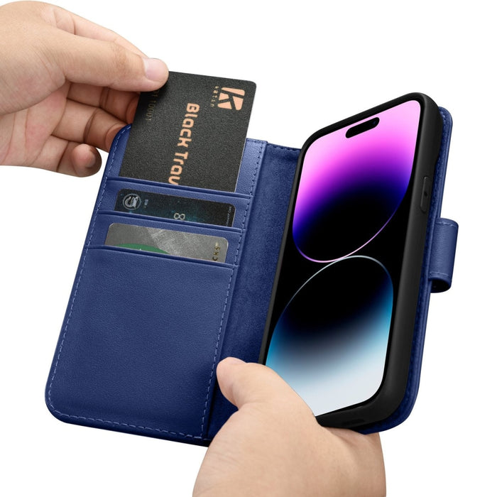 Флип кейс 2в1 от естествена кожа iCarer Wallet Case за iPhone 14 Pro, Anti-RFID, син, (WMI14220726-BU)