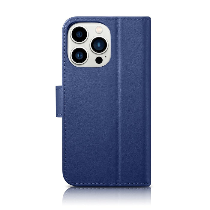 Флип кейс 2в1 от естествена кожа iCarer Wallet Case за iPhone 14 Pro, Anti-RFID, син, (WMI14220726-BU)