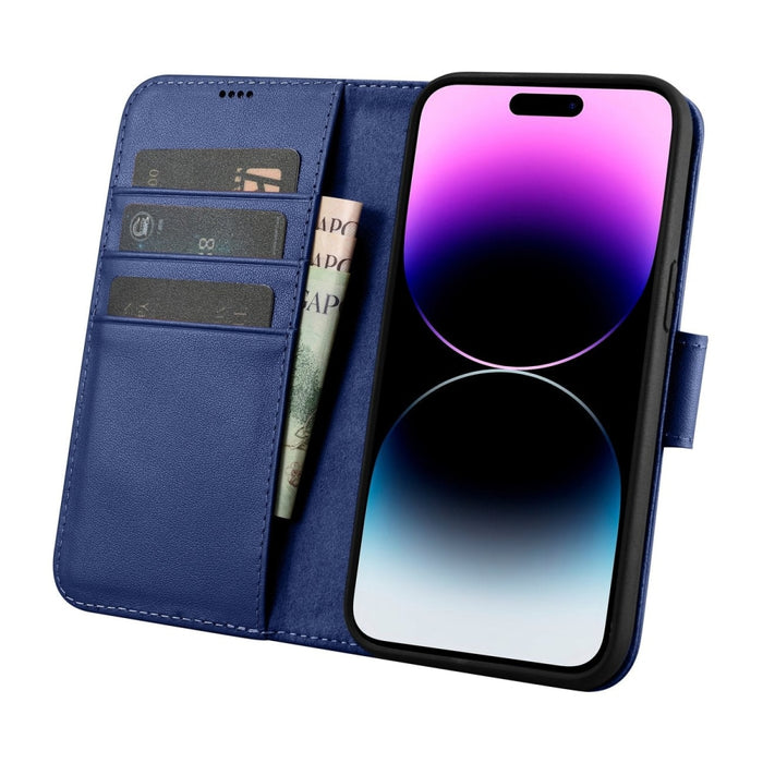 Флип кейс 2в1 от естествена кожа iCarer Wallet Case за iPhone 14 Pro, Anti-RFID, син, (WMI14220726-BU)