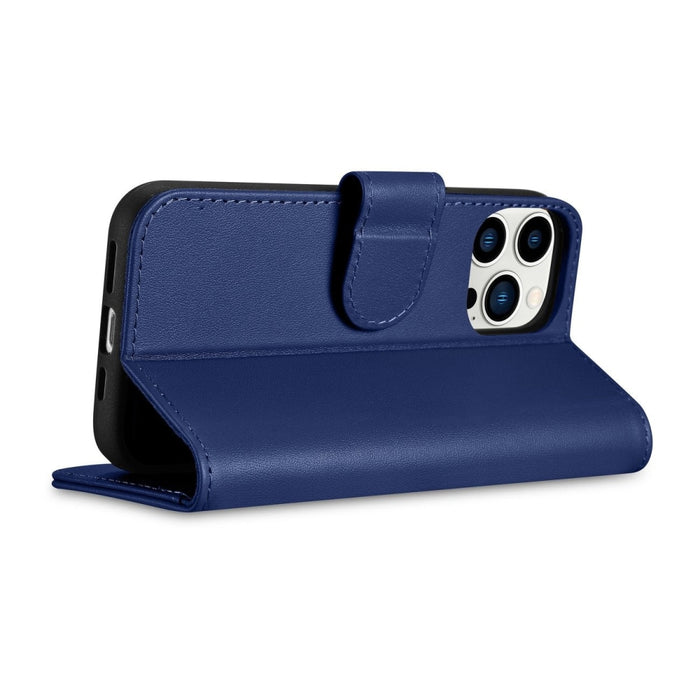 Флип кейс 2в1 от естествена кожа iCarer Wallet Case за iPhone 14 Pro, Anti-RFID, син, (WMI14220726-BU)