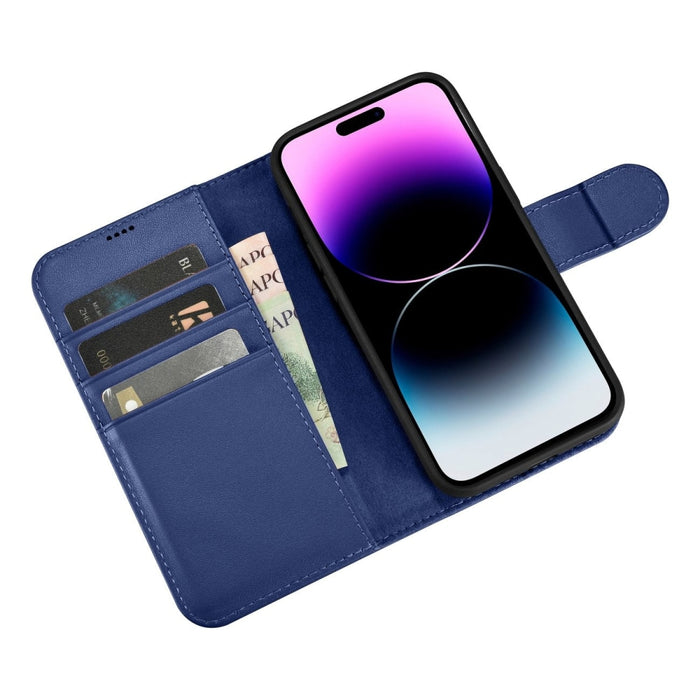 Флип кейс 2в1 от естествена кожа iCarer Wallet Case за iPhone 14 Pro, Anti-RFID, син, (WMI14220726-BU)
