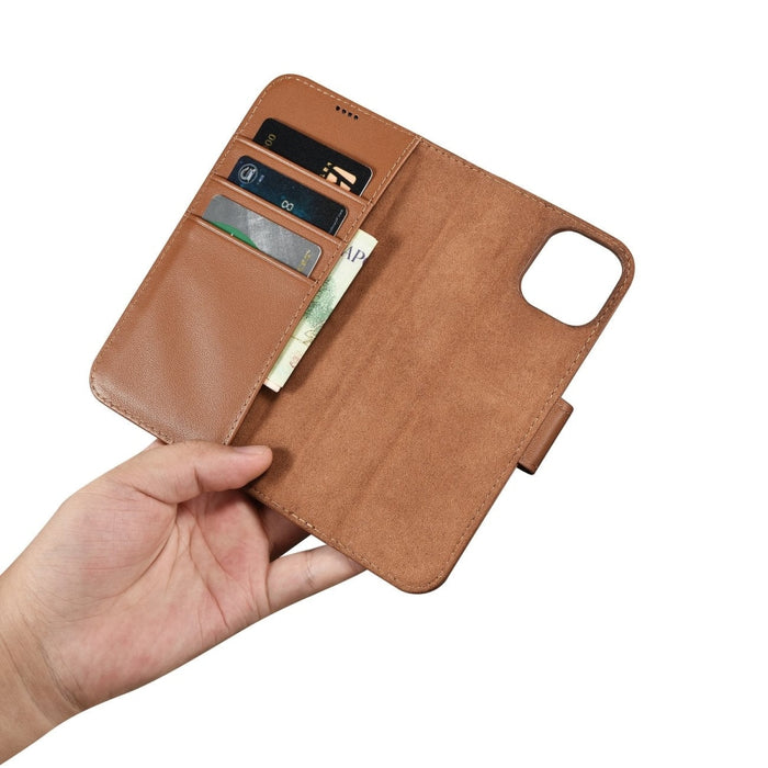Флип кейс 2в1 от естествена кожа iCarer Wallet Case за iPhone 14 Plus, Anti-RFID, кафяв, (WMI14220727-BN)