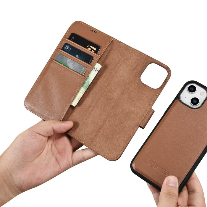 Флип кейс 2в1 от естествена кожа iCarer Wallet Case за iPhone 14 Plus, Anti-RFID, кафяв, (WMI14220727-BN)