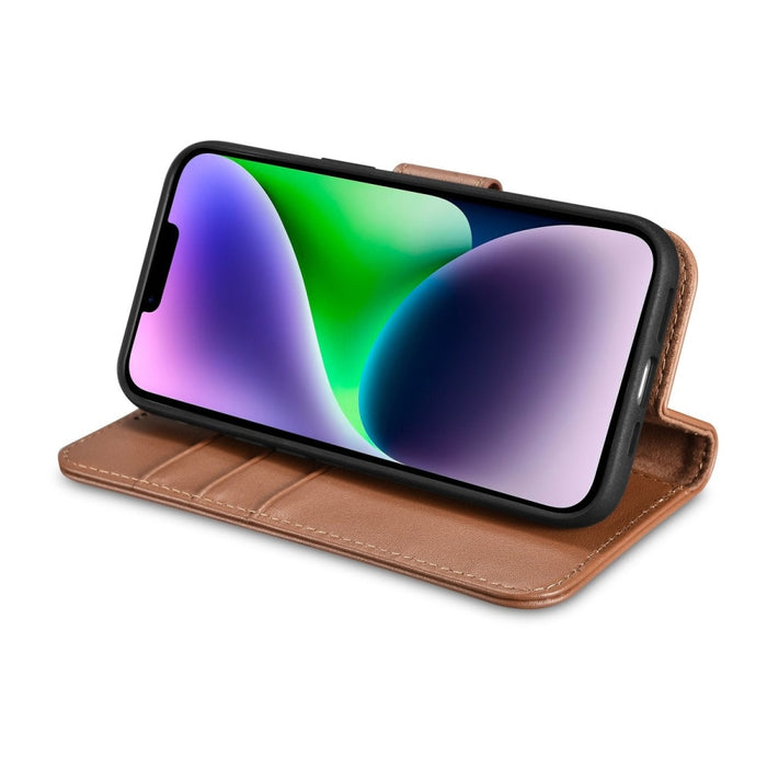 Флип кейс 2в1 от естествена кожа iCarer Wallet Case за iPhone 14 Plus, Anti-RFID, кафяв, (WMI14220727-BN)