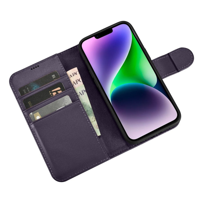Флип кейс 2в1 от естествена кожа iCarer Wallet Case за iPhone 14 Plus, Anti-RFID, тъмнолилав, (WMI14220727-DP)