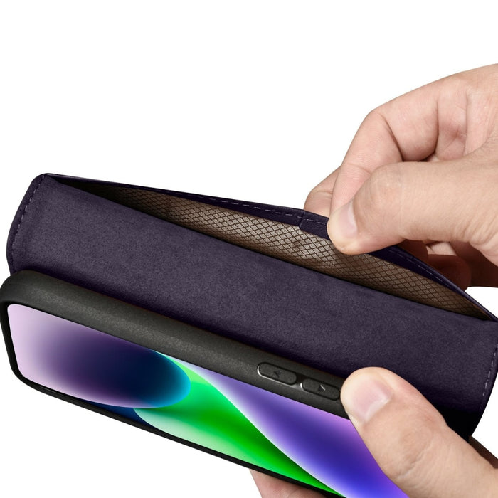 Флип кейс 2в1 от естествена кожа iCarer Wallet Case за iPhone 14 Plus, Anti-RFID, тъмнолилав, (WMI14220727-DP)