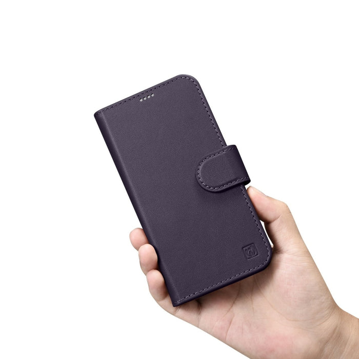 Флип кейс 2в1 от естествена кожа iCarer Wallet Case за iPhone 14 Plus, Anti-RFID, тъмнолилав, (WMI14220727-DP)