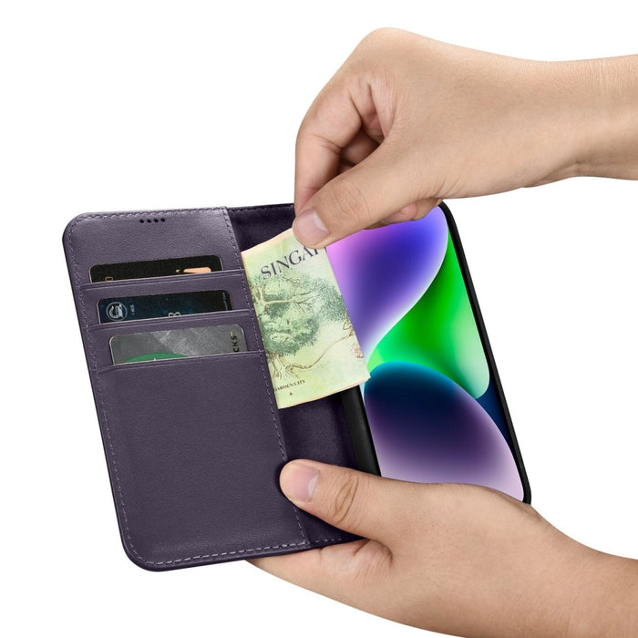 Флип кейс 2в1 от естествена кожа iCarer Wallet Case за iPhone 14 Plus, Anti-RFID, тъмнолилав, (WMI14220727-DP)