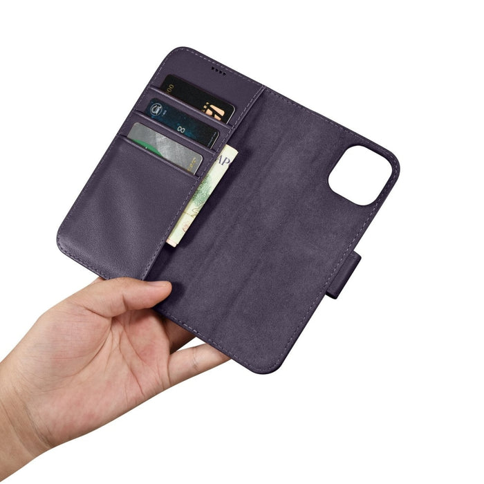 Флип кейс 2в1 от естествена кожа iCarer Wallet Case за iPhone 14 Plus, Anti-RFID, тъмнолилав, (WMI14220727-DP)