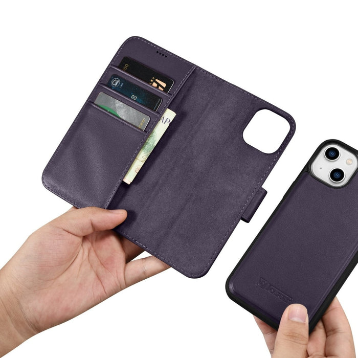 Флип кейс 2в1 от естествена кожа iCarer Wallet Case за iPhone 14 Plus, Anti-RFID, тъмнолилав, (WMI14220727-DP)