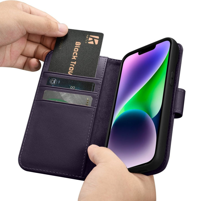 Флип кейс 2в1 от естествена кожа iCarer Wallet Case за iPhone 14 Plus, Anti-RFID, тъмнолилав, (WMI14220727-DP)