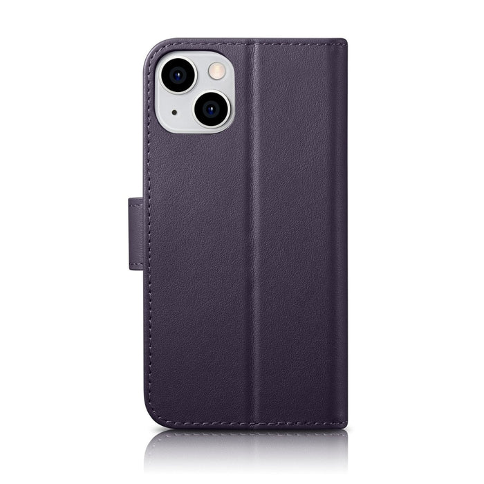 Флип кейс 2в1 от естествена кожа iCarer Wallet Case за iPhone 14 Plus, Anti-RFID, тъмнолилав, (WMI14220727-DP)