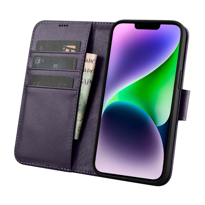 Флип кейс 2в1 от естествена кожа iCarer Wallet Case за iPhone 14 Plus, Anti-RFID, тъмнолилав, (WMI14220727-DP)