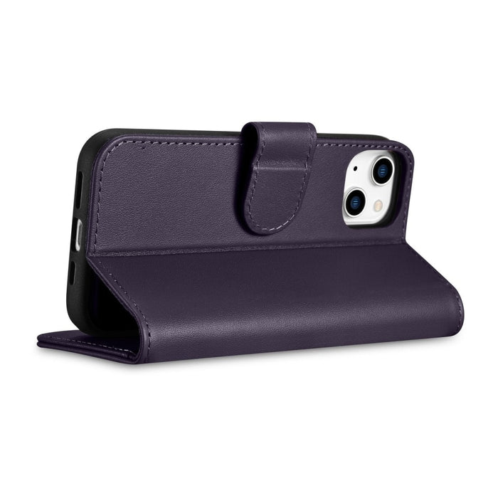Флип кейс 2в1 от естествена кожа iCarer Wallet Case за iPhone 14 Plus, Anti-RFID, тъмнолилав, (WMI14220727-DP)