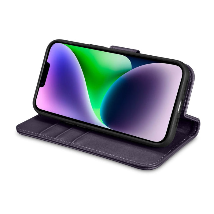 Флип кейс 2в1 от естествена кожа iCarer Wallet Case за iPhone 14 Plus, Anti-RFID, тъмнолилав, (WMI14220727-DP)