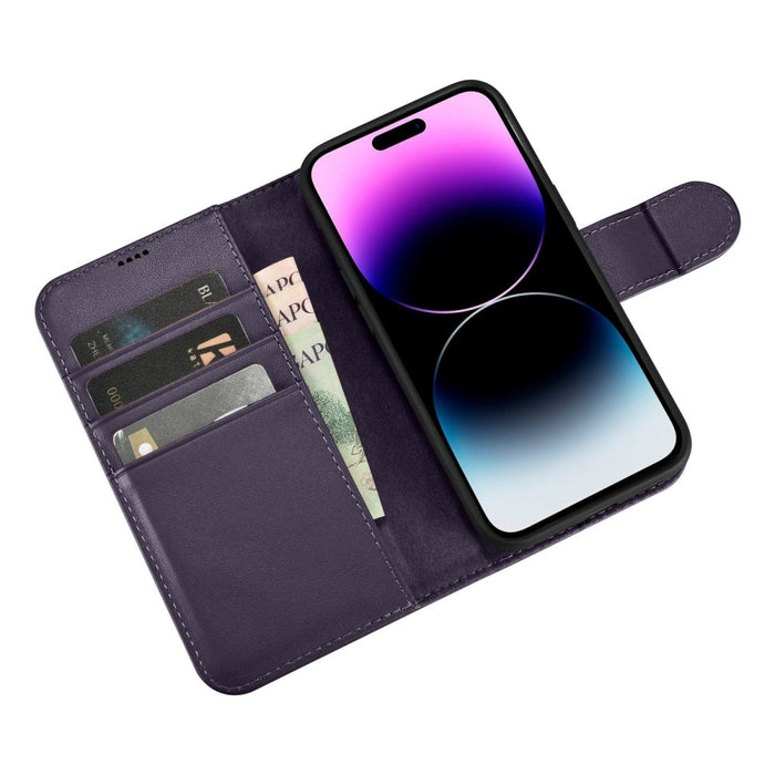 Флип кейс 2в1 от естествена кожа iCarer Wallet Case за for iPhone 14 Pro Max, Anti-RFID, тъмнолилав, (WMI14220728-DP)
