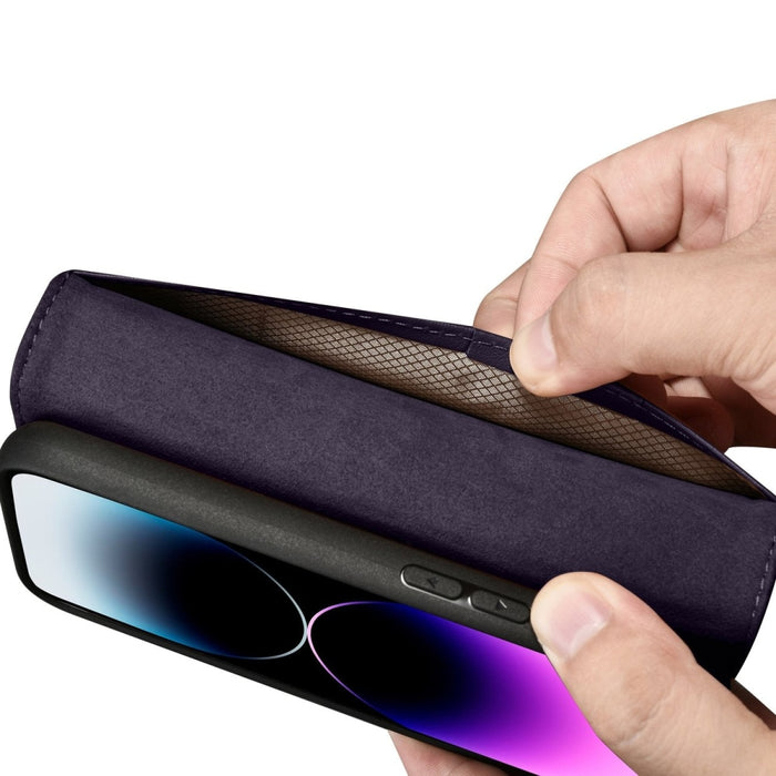 Флип кейс 2в1 от естествена кожа iCarer Wallet Case за for iPhone 14 Pro Max, Anti-RFID, тъмнолилав, (WMI14220728-DP)