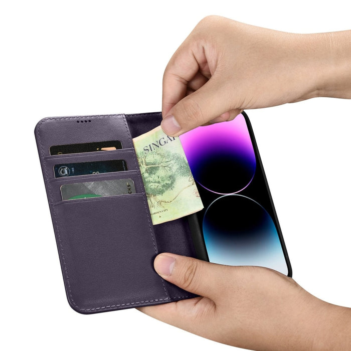 Флип кейс 2в1 от естествена кожа iCarer Wallet Case за for iPhone 14 Pro Max, Anti-RFID, тъмнолилав, (WMI14220728-DP)