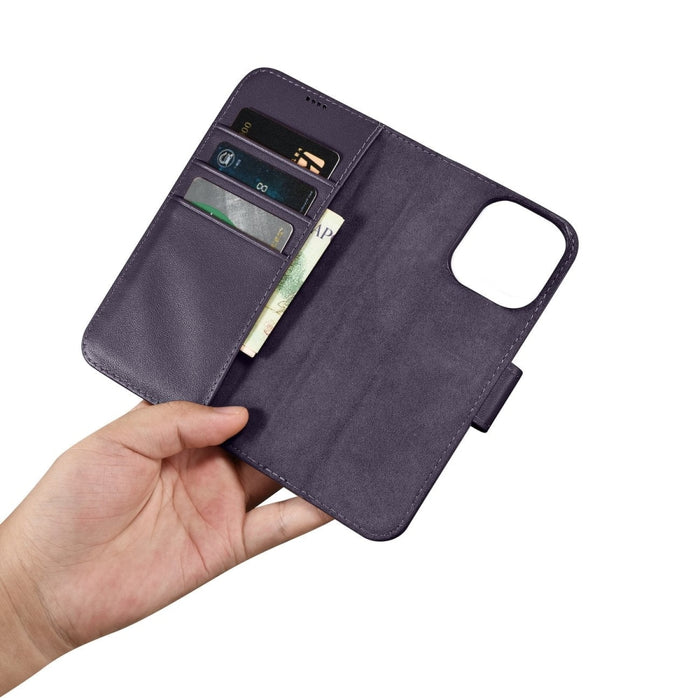 Флип кейс 2в1 от естествена кожа iCarer Wallet Case за for iPhone 14 Pro Max, Anti-RFID, тъмнолилав, (WMI14220728-DP)