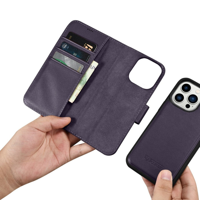 Флип кейс 2в1 от естествена кожа iCarer Wallet Case за for iPhone 14 Pro Max, Anti-RFID, тъмнолилав, (WMI14220728-DP)