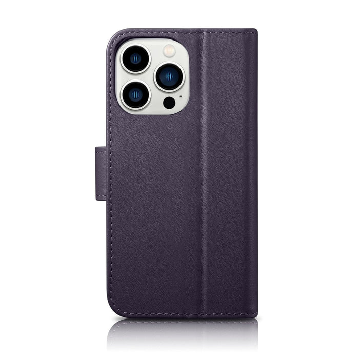 Флип кейс 2в1 от естествена кожа iCarer Wallet Case за for iPhone 14 Pro Max, Anti-RFID, тъмнолилав, (WMI14220728-DP)