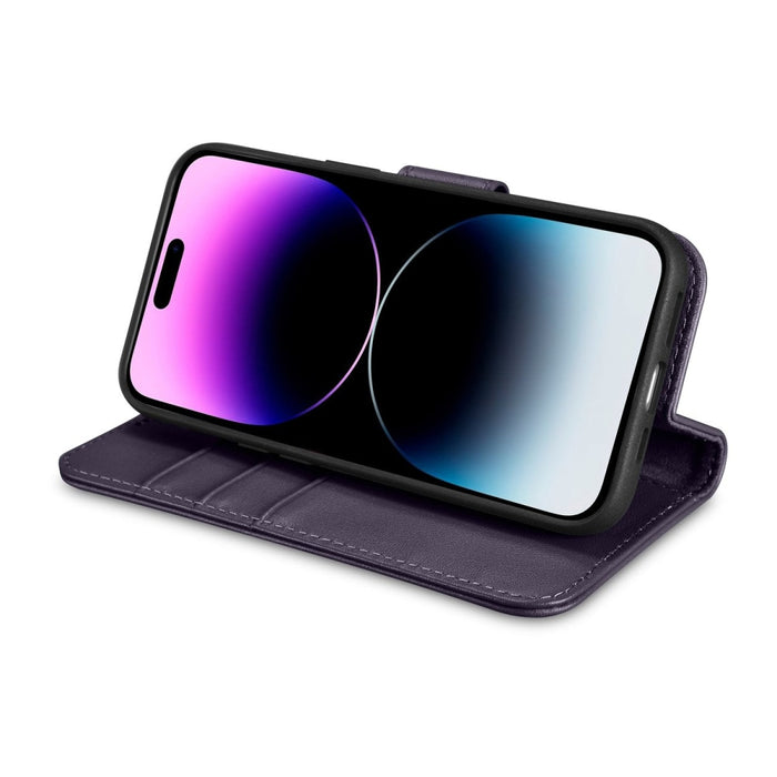 Флип кейс 2в1 от естествена кожа iCarer Wallet Case за for iPhone 14 Pro Max, Anti-RFID, тъмнолилав, (WMI14220728-DP)