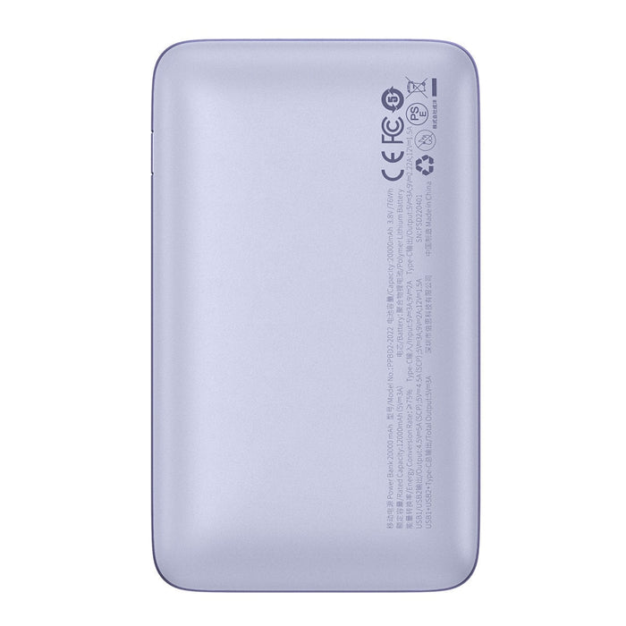 Преносима батерия Baseus Pro, 20000mAh, 22.5W, с кабел USB-A към USB-C, 3A, 0.3m, Лилав