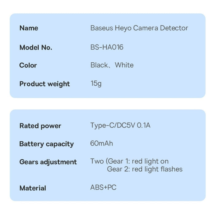 Детектор за скрити камери Baseus Heyo, с кабел за зареждане USB към Type-C, 0.3m, бял