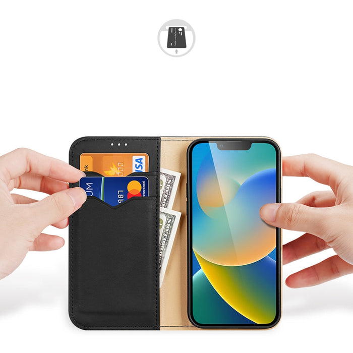 Кожен калъф с отделение за карти Dux Ducis Hivo за iPhone 14, черен