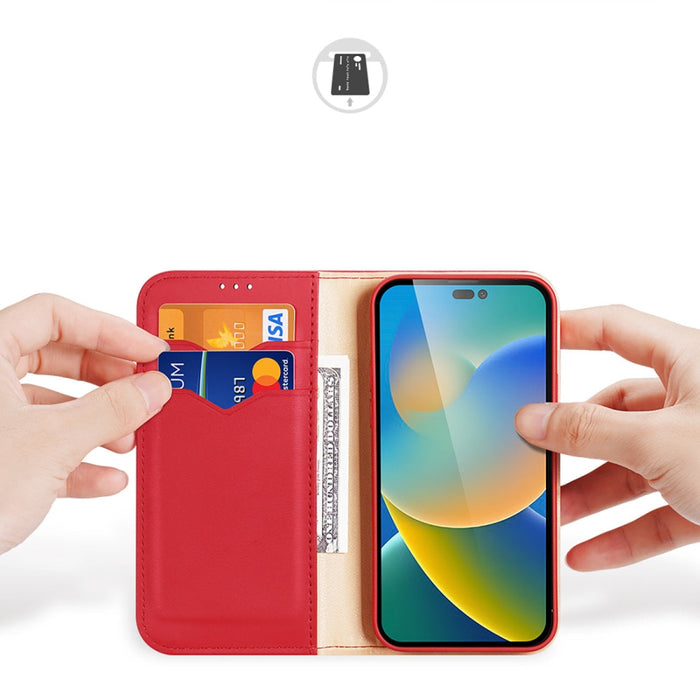 Кожен калъф с отделение за карти Dux Ducis Hivo за iPhone 14 Pro Max, червен