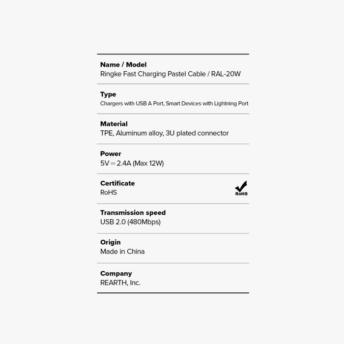 Кабел Ringke, USB-А към Lightning, 480Mb/s, 12W, 2m, Син