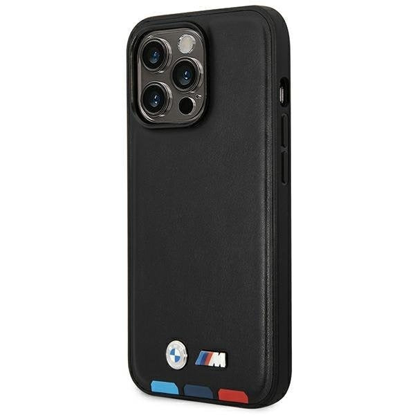 Кейс BMW BMHCP14X22PTDK за iPhone 14 Pro Max 6.7", черен / черен, Leather Stamp Tricolor