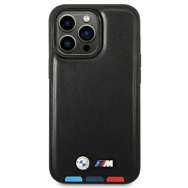 Кейс BMW BMHCP14X22PTDK за iPhone 14 Pro Max 6.7", черен / черен, Leather Stamp Tricolor