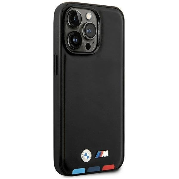 Кейс BMW BMHCP14X22PTDK за iPhone 14 Pro Max 6.7", черен / черен, Leather Stamp Tricolor