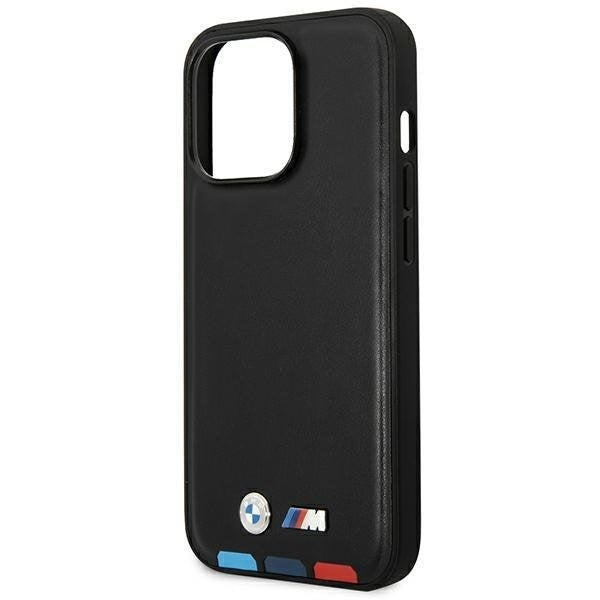 Кейс BMW BMHCP14X22PTDK за iPhone 14 Pro Max 6.7", черен / черен, Leather Stamp Tricolor