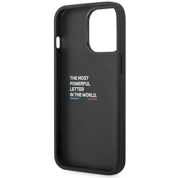 Кейс BMW BMHCP14X22PTDK за iPhone 14 Pro Max 6.7", черен / черен, Leather Stamp Tricolor