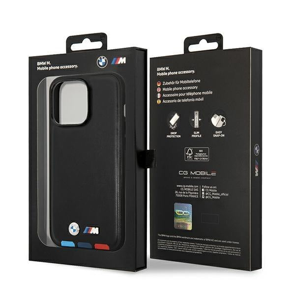 Кейс BMW BMHCP14X22PTDK за iPhone 14 Pro Max 6.7", черен / черен, Leather Stamp Tricolor