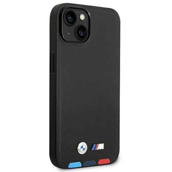 Кейс BMW BMHMP14S22PTDK за iPhone 14 6.1", черен / черен, Leather Stamp Tricolor Magsafe