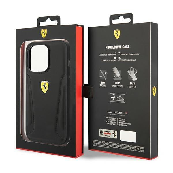 Кейс Ferrari FEHCP14LRBUK за iPhone 14 Pro 6.1", черен/черен, твърд, Leather Stamp Sides